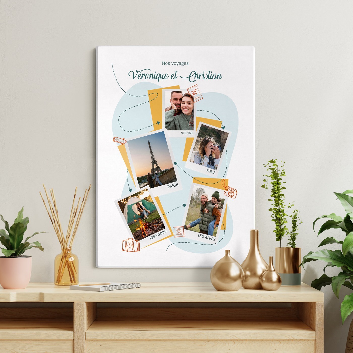 Collage fotográfico personalizado sobre lienzo de 50x70 cm para una pareja viajera