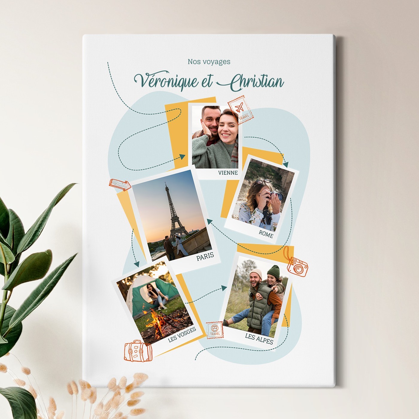 Collage fotográfico personalizado sobre lienzo de 50x70 cm para una pareja viajera