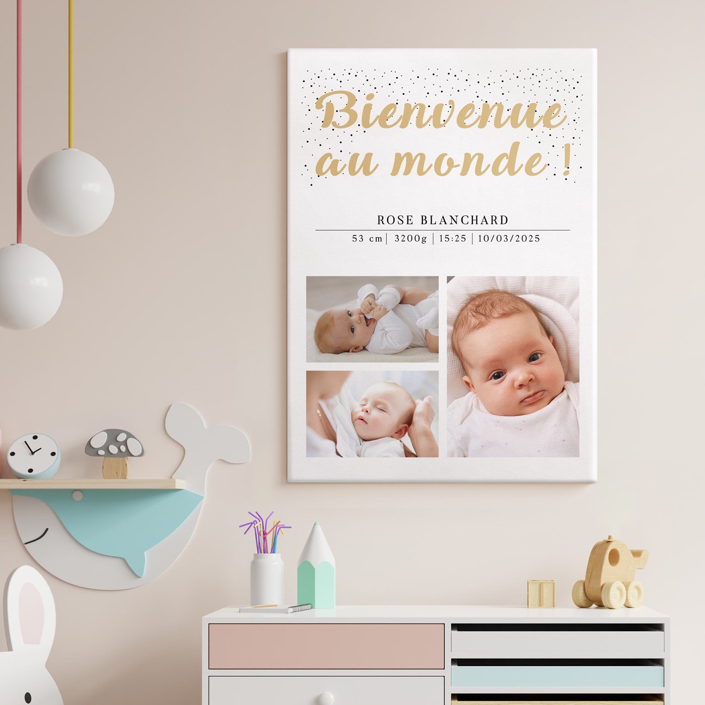 Collage de fotos personalizado sobre lienzo 50x70cm para bebé