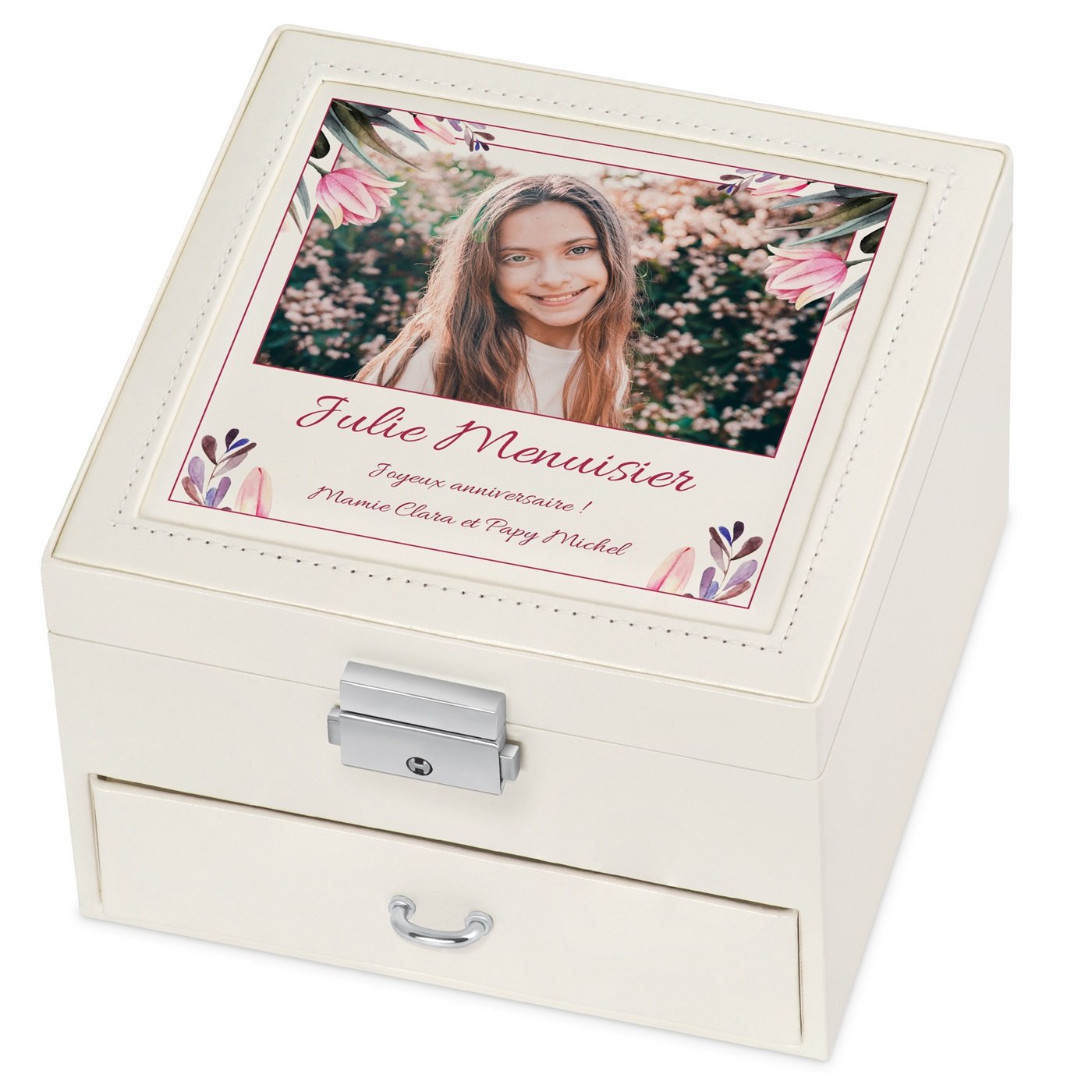 Caja de joyas personalizada Murrano - Beige con foto para el cumpleaños de su nieta