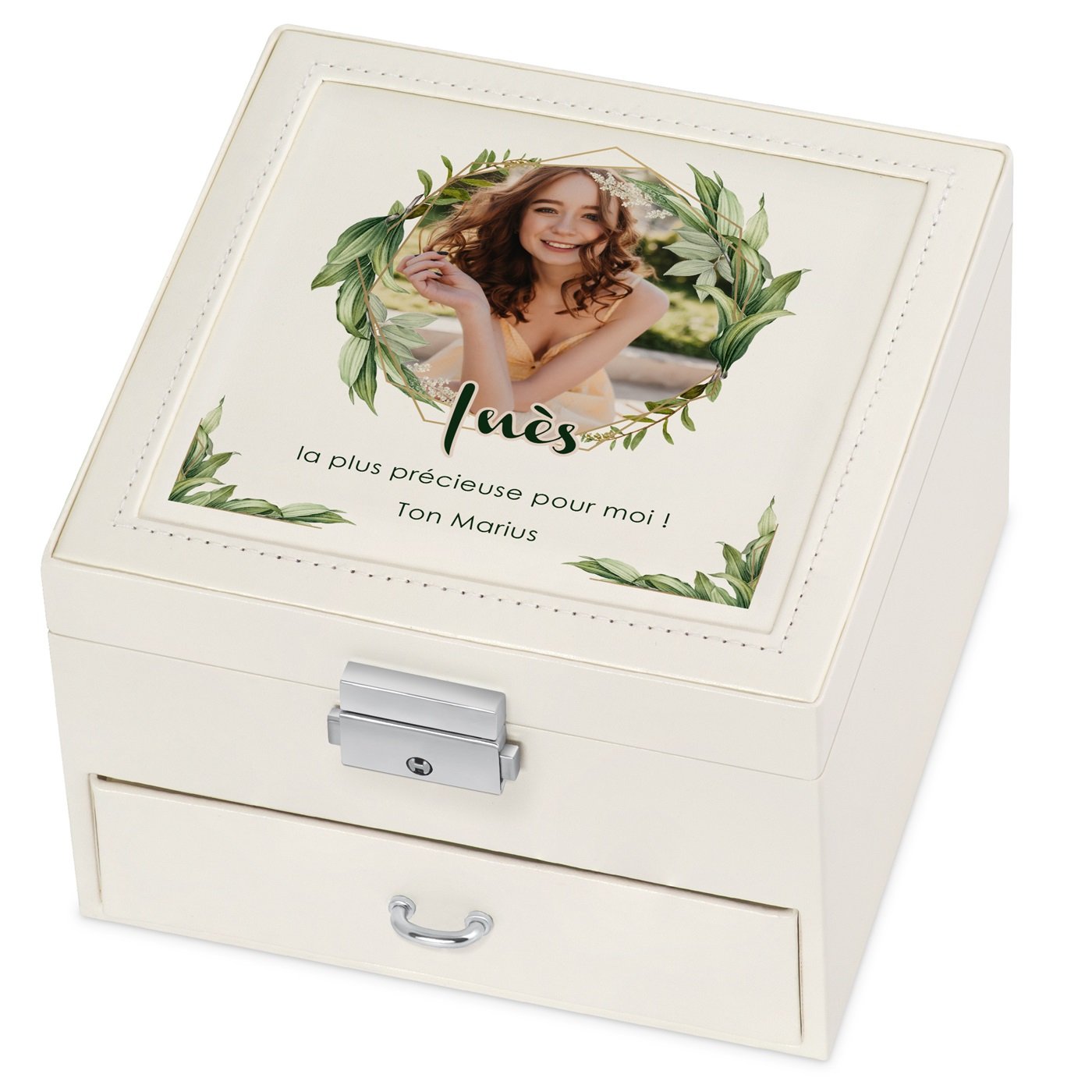 Caja de joyas Murrano personalizada (beige con foto)