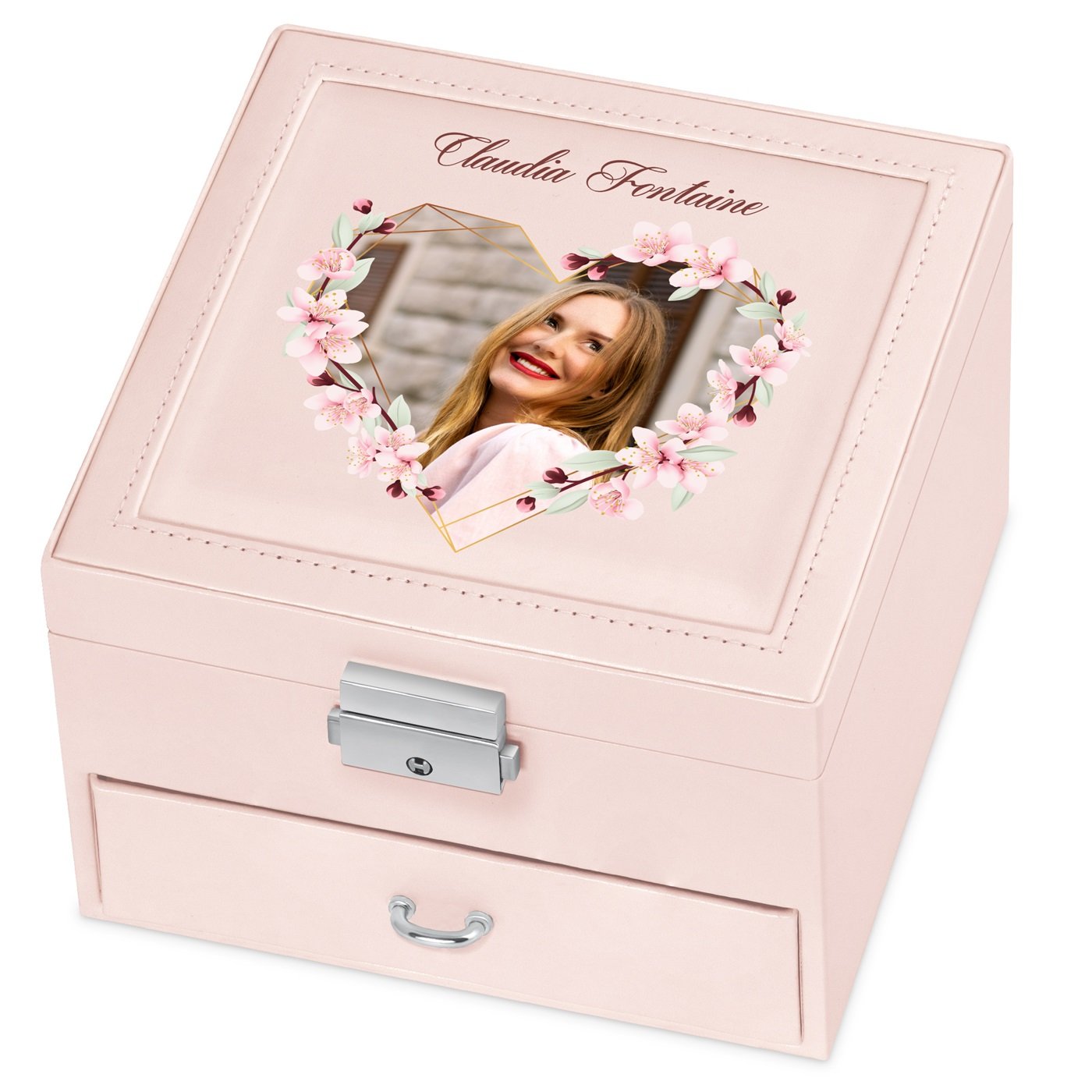 Cajón de joyas personalizado Murrano - Rosa con foto para novia