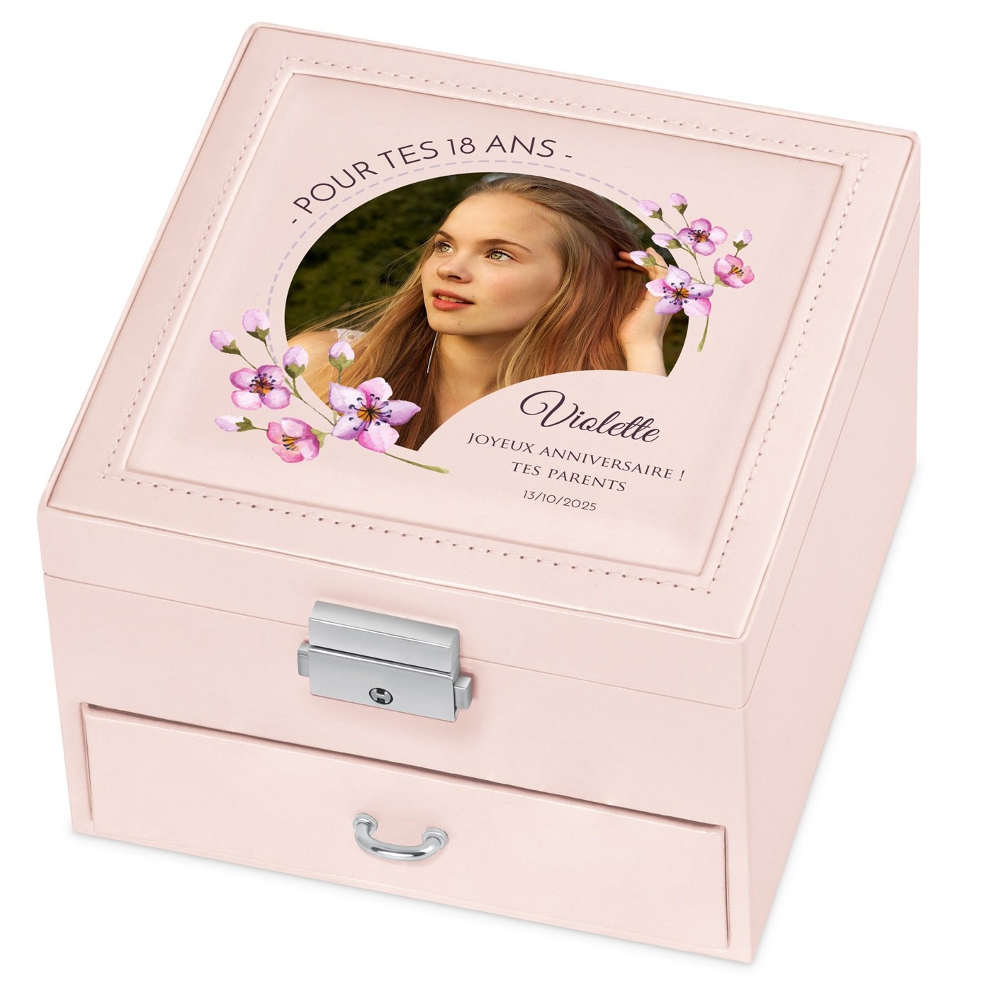Caja de joyas personalizada Murrano - Rosa para chica celebrando su 18º cumpleaños