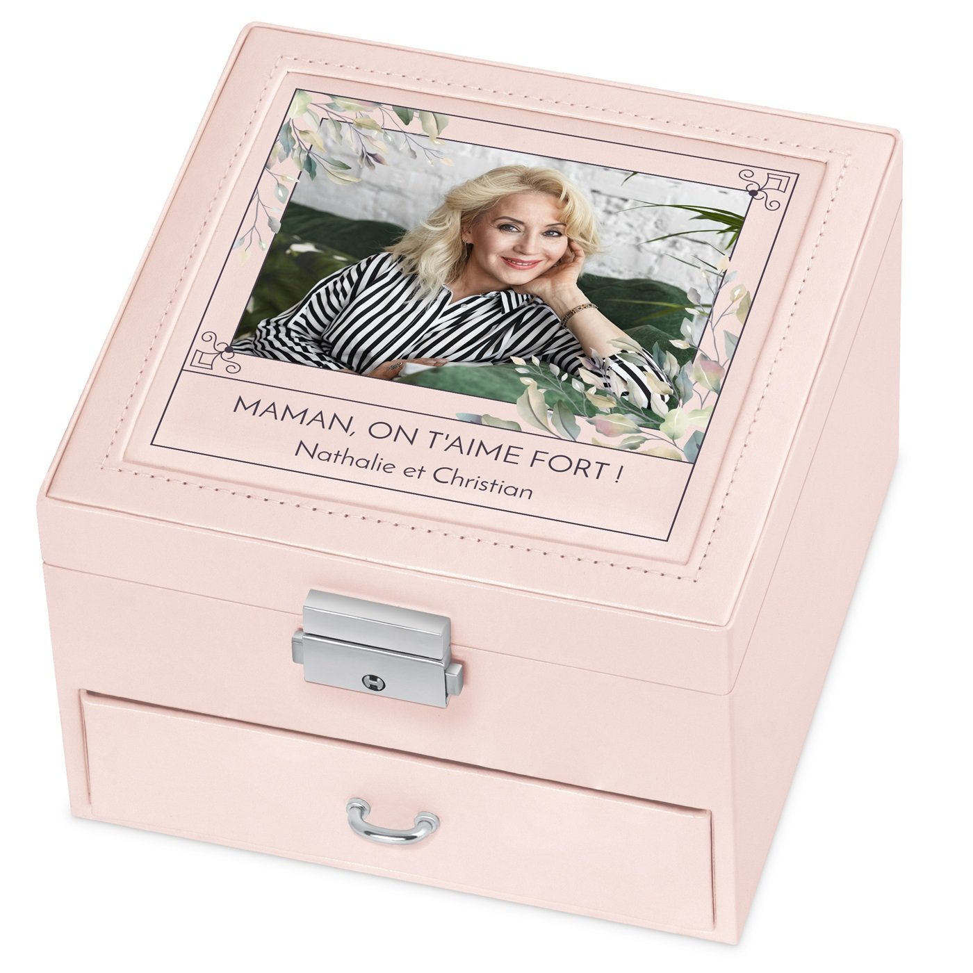Cajón de joyas rosa Murrano con foto personalizada para mamá