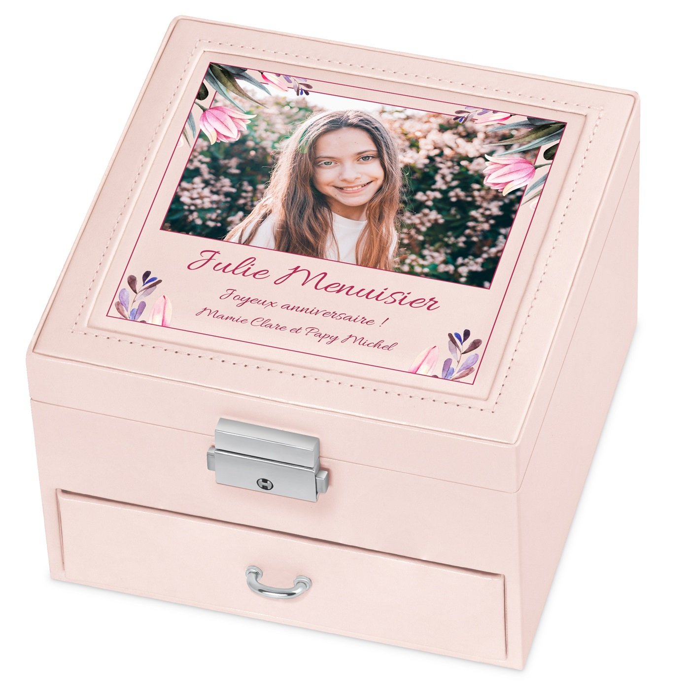 Caja de joyas rosa personalizada Murrano con foto para el cumpleaños de su nieta