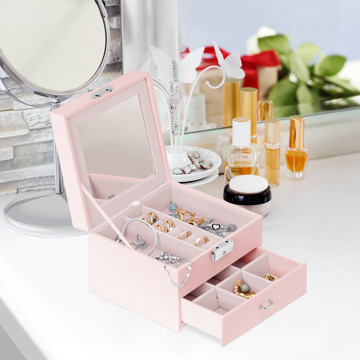 Caja de joyas rosa personalizada Murrano con foto para el cumpleaños de su nieta