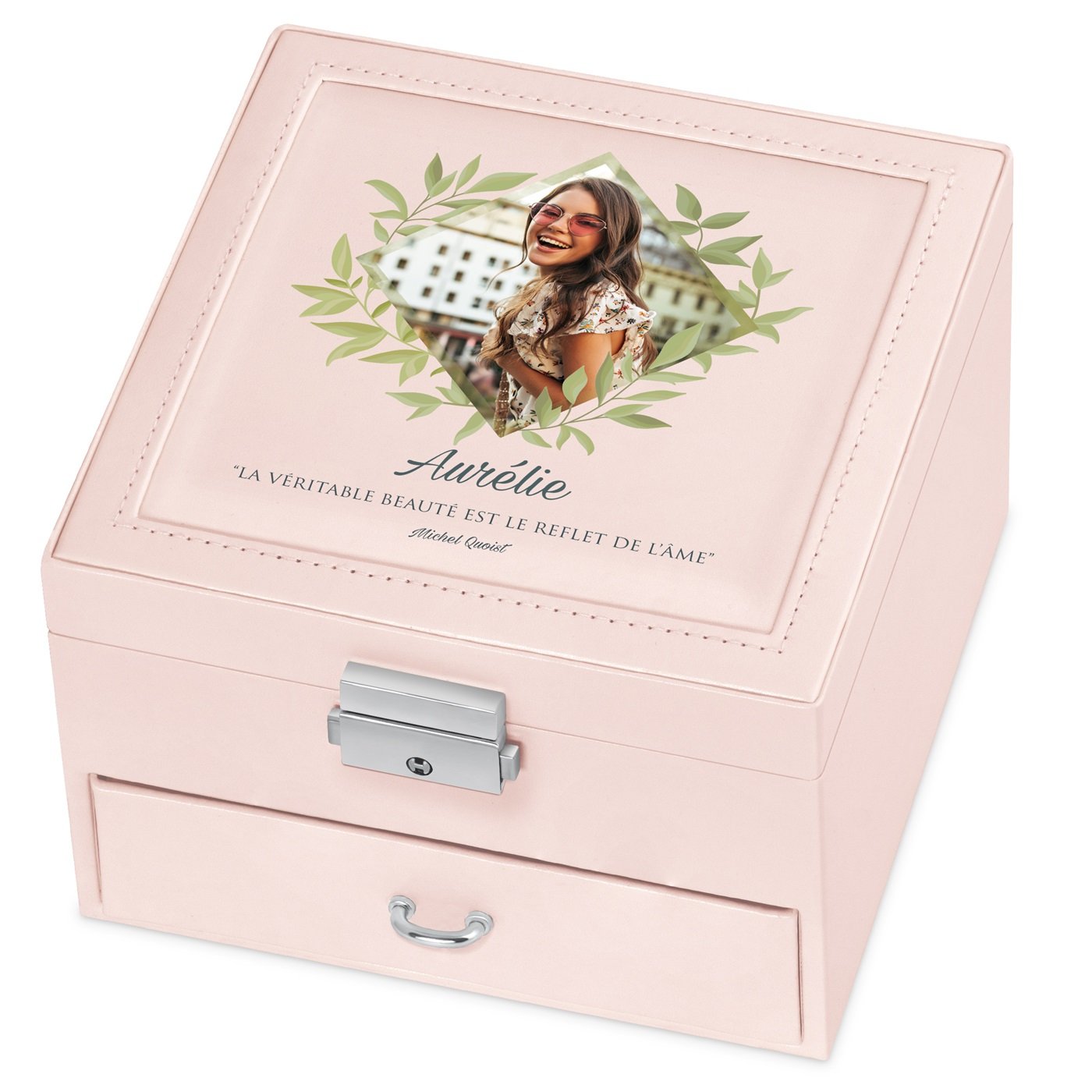 Caja de joyas rosa Murrano con foto para el cumpleaños de una prometida