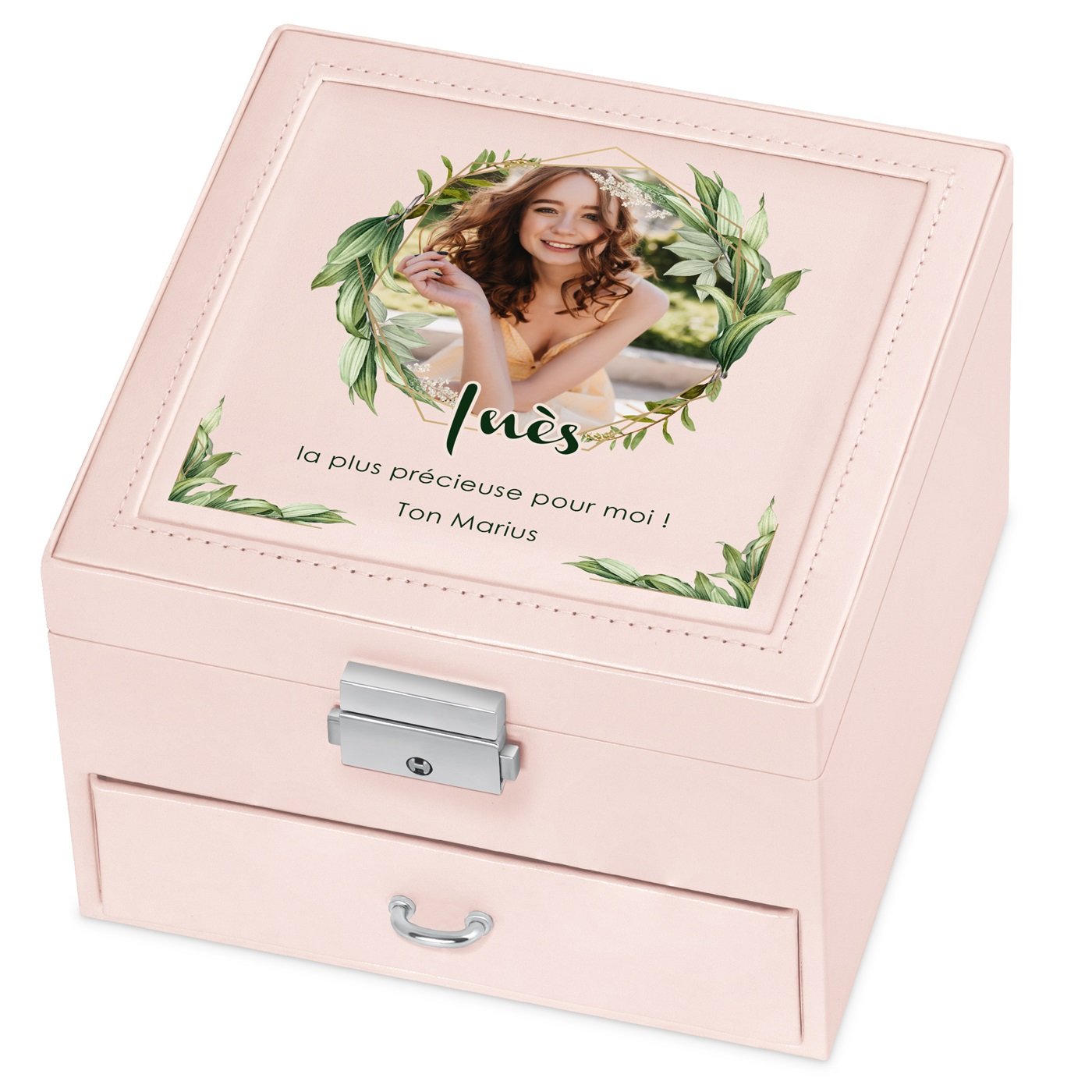 Caja de joyas rosa Murrano con foto para una amiga