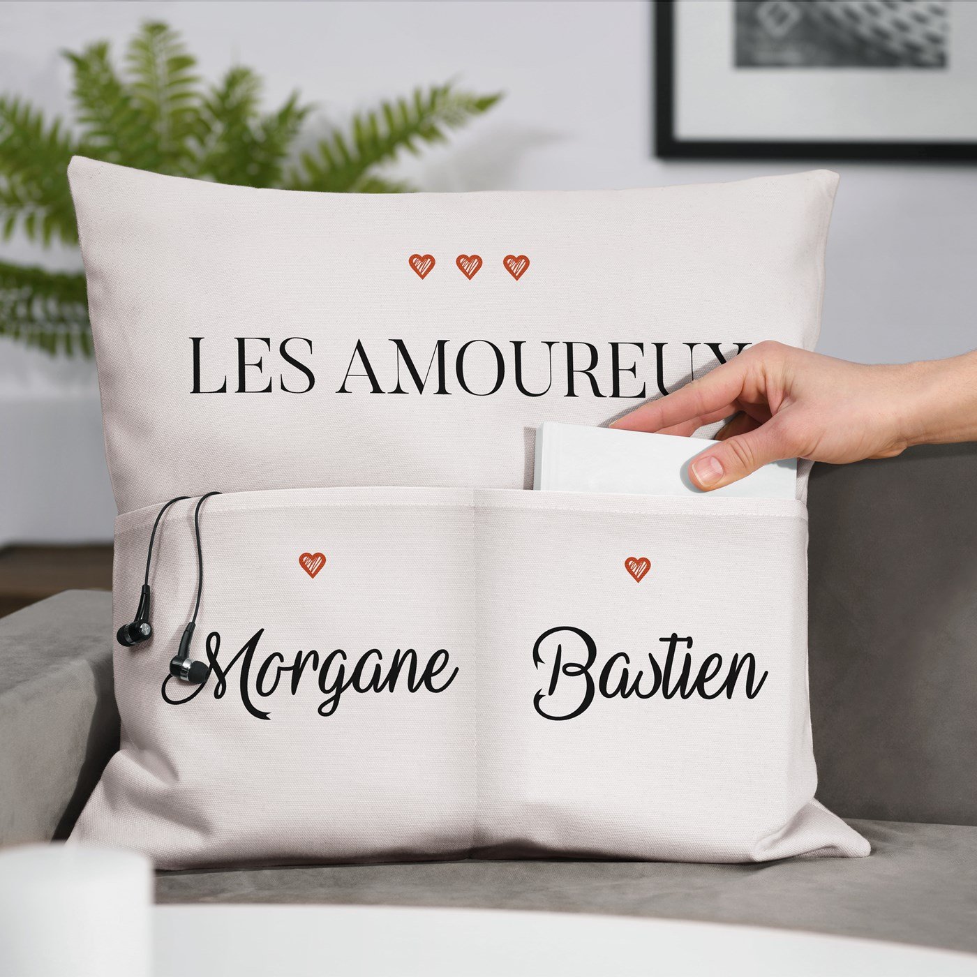 Almohada de algodón Murrano con bolsos de almacenamiento personalizados para recién casados
