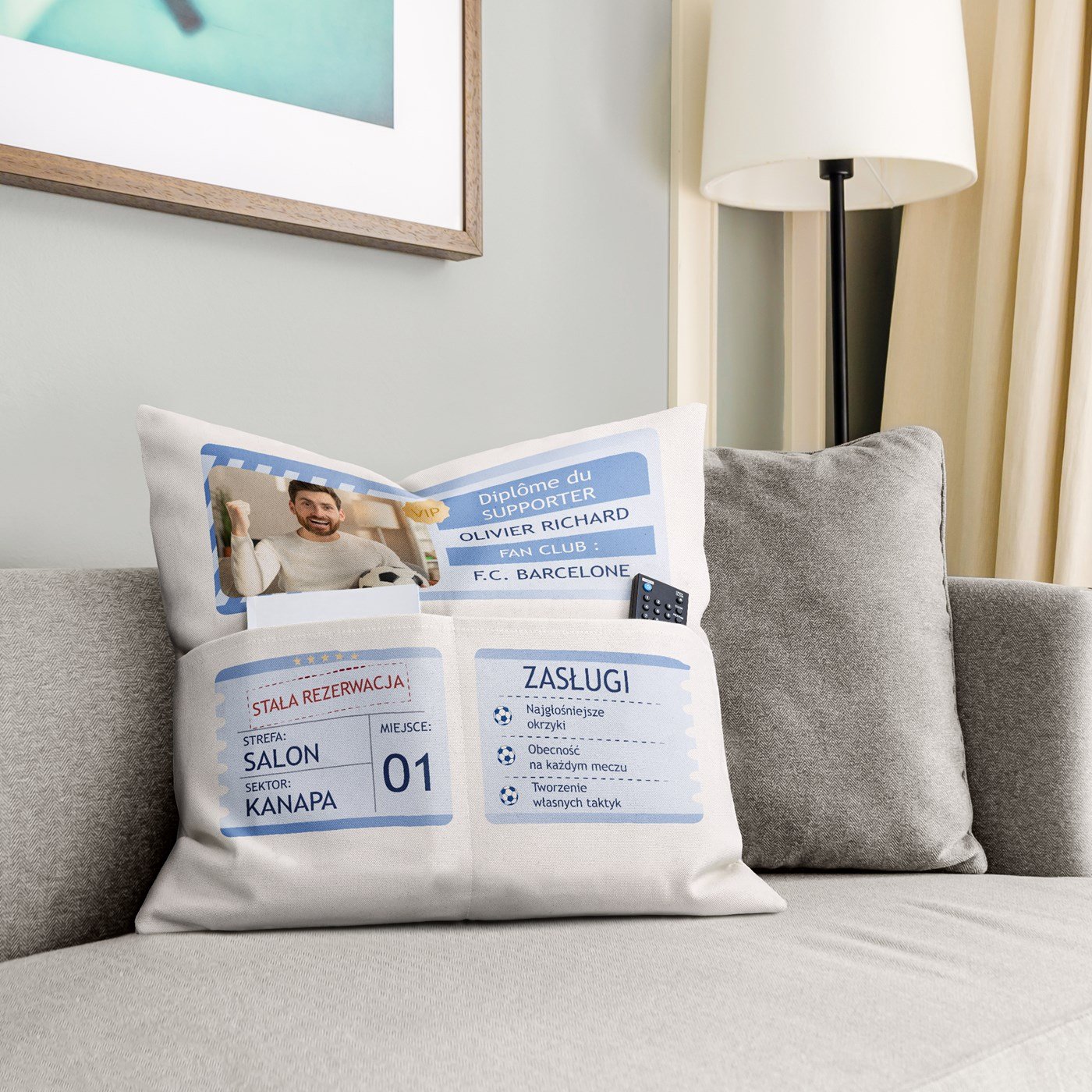 Almohada de algodón Murrano con bolsillos de almacenamiento y foto personalizada para el cumpleaños del padre
