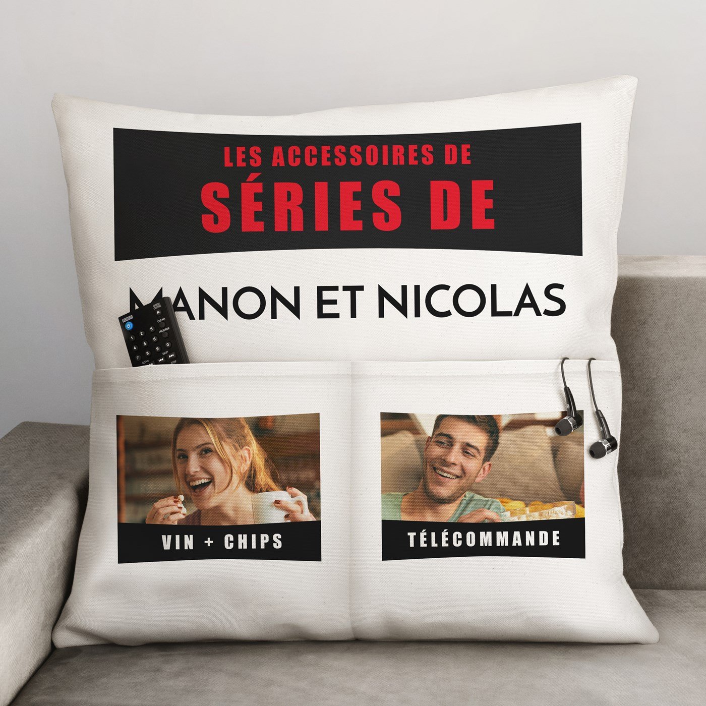Almohada de algodón Murrano con bolsillos de almacenamiento y foto personalizada para parejas