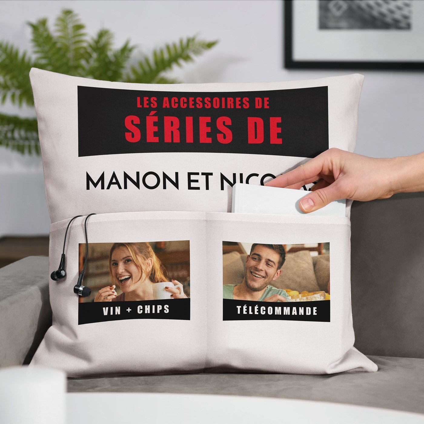Almohada de algodón Murrano con bolsillos de almacenamiento y foto personalizada para parejas
