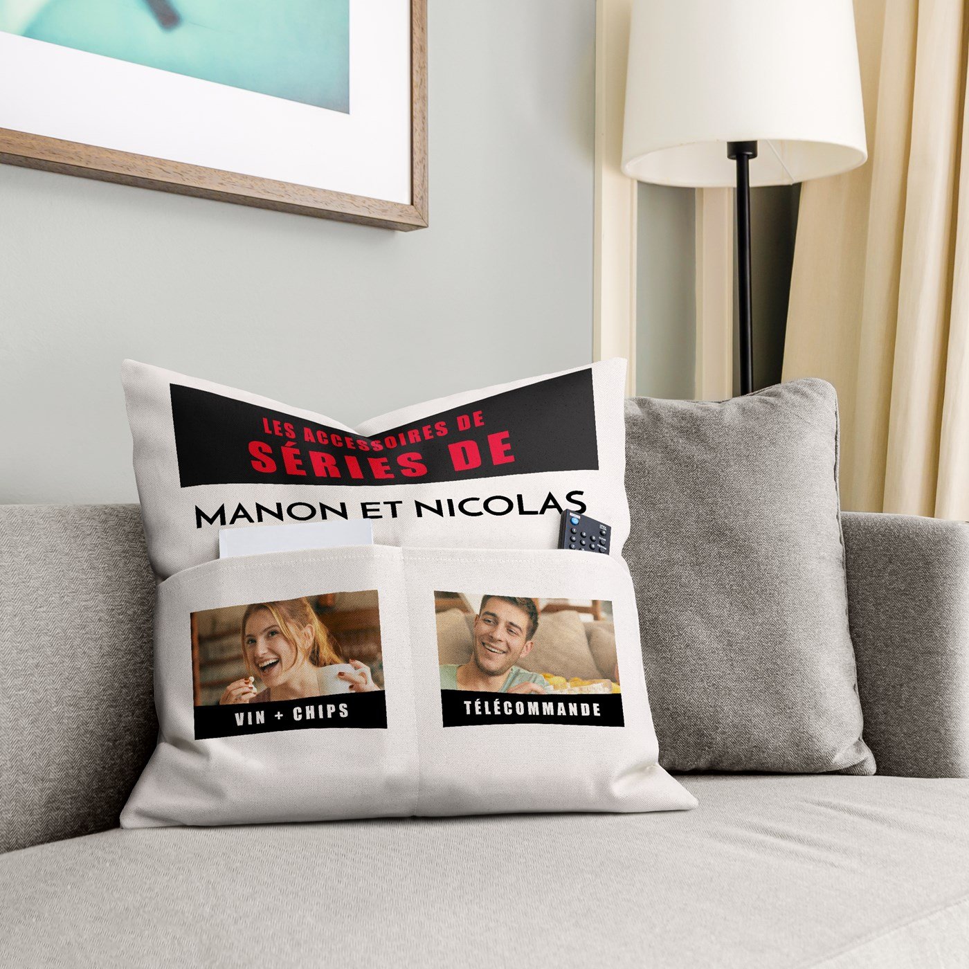 Almohada de algodón Murrano con bolsillos de almacenamiento y foto personalizada para parejas