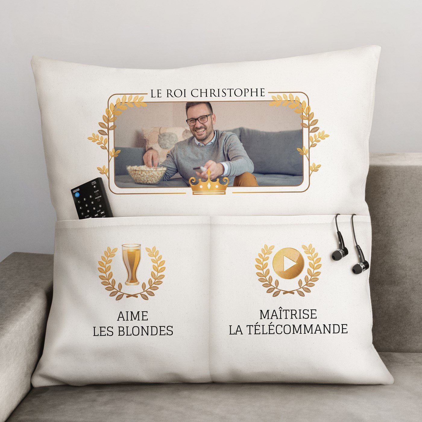 Almohada de algodón Murrano con bolsillos de almacenamiento y foto personalizada para el cumpleaños de un colega