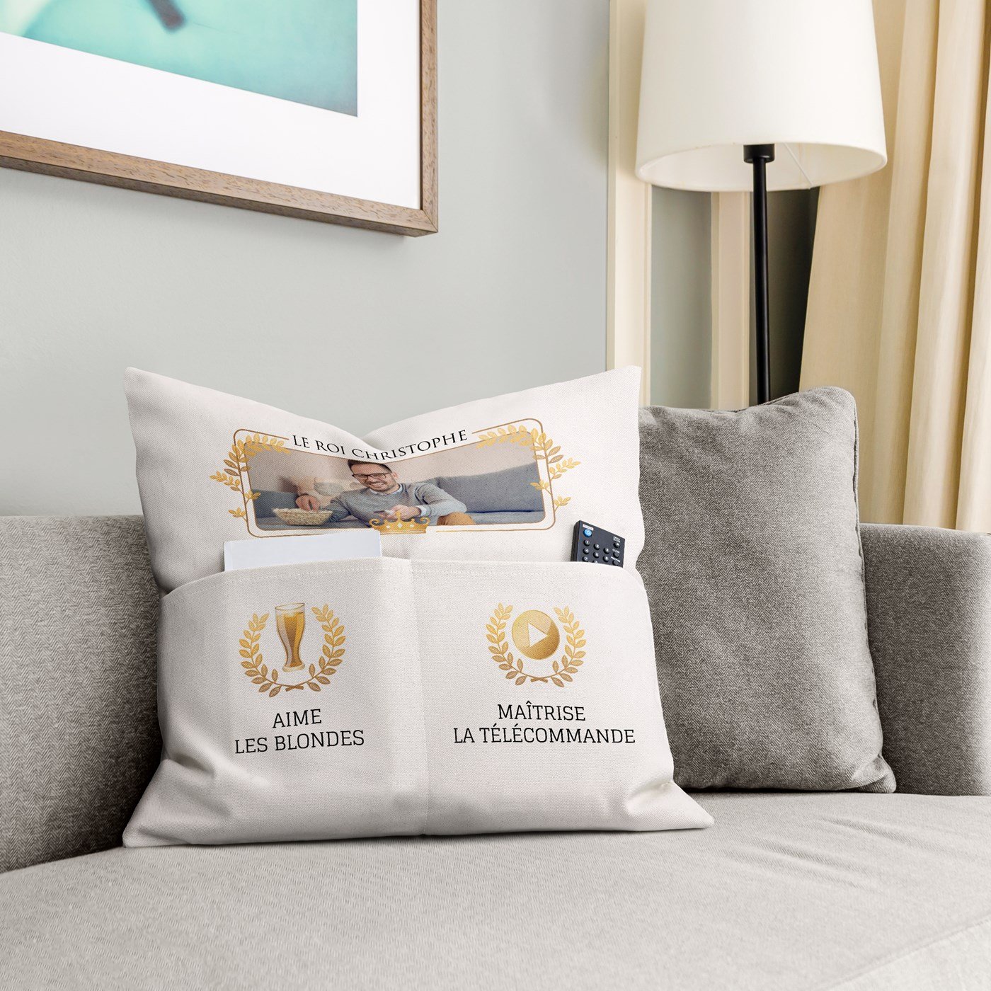 Almohada de algodón Murrano con bolsillos de almacenamiento y foto personalizada para el cumpleaños de un colega