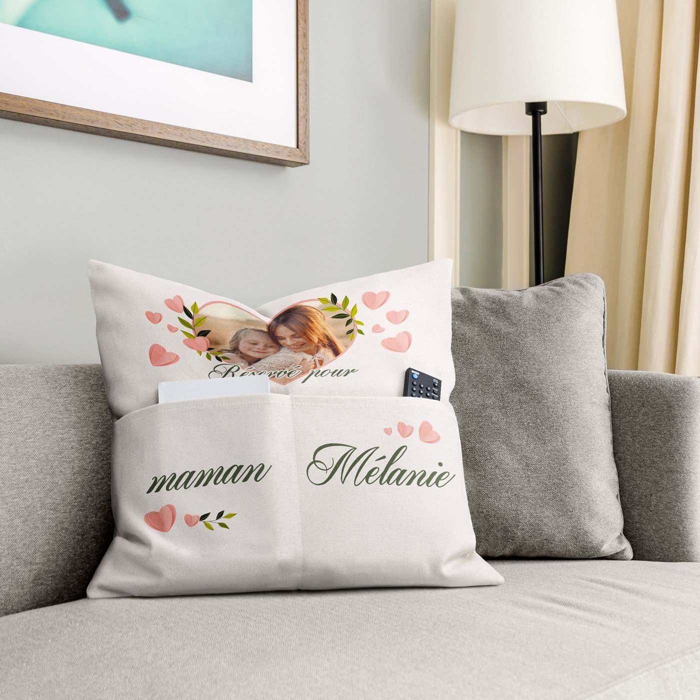 Almohada de algodón Murrano con bolsillos de almacenamiento y foto personalizada para el cumpleaños de mamá