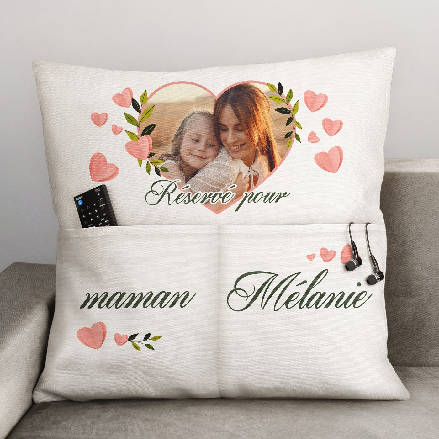 Almohada de algodón Murrano con bolsillos de almacenamiento y foto personalizada para el cumpleaños de mamá