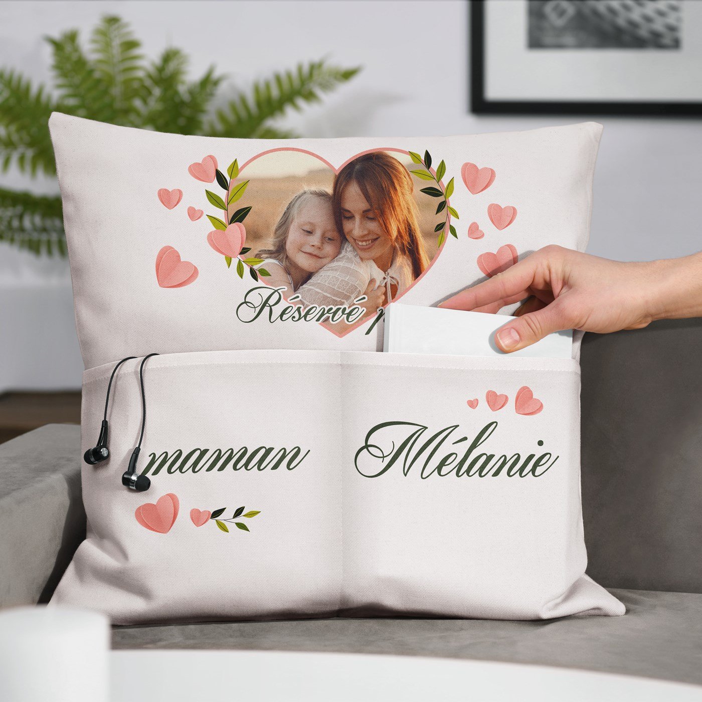 Almohada de algodón Murrano con bolsillos de almacenamiento y foto personalizada para el cumpleaños de mamá