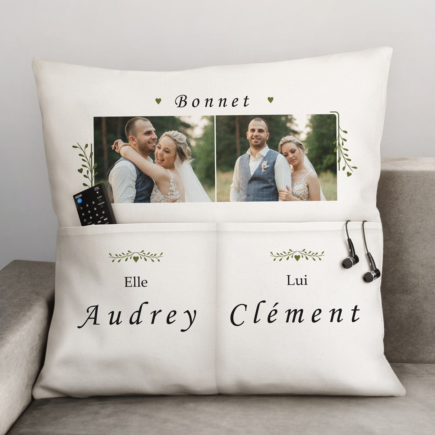 Almohada de algodón Murrano con bolsillos de almacenamiento y foto personalizada para bodas