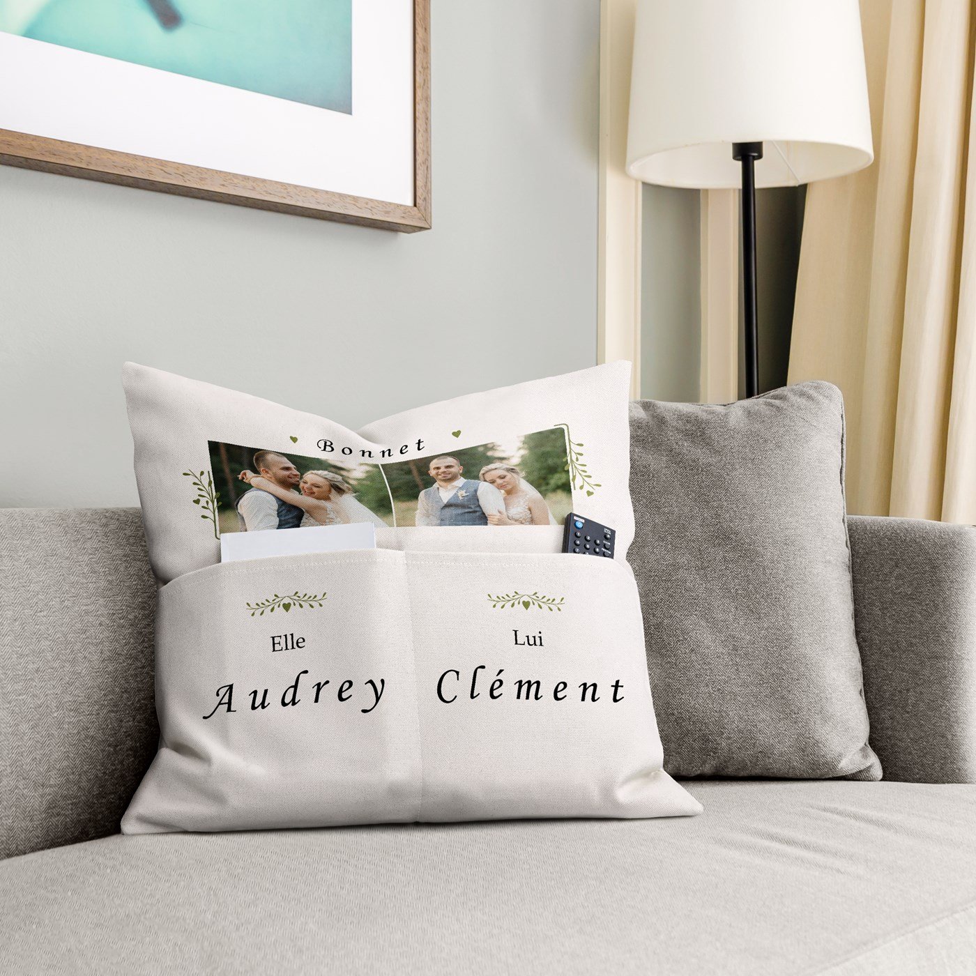 Almohada de algodón Murrano con bolsillos de almacenamiento y foto personalizada para bodas