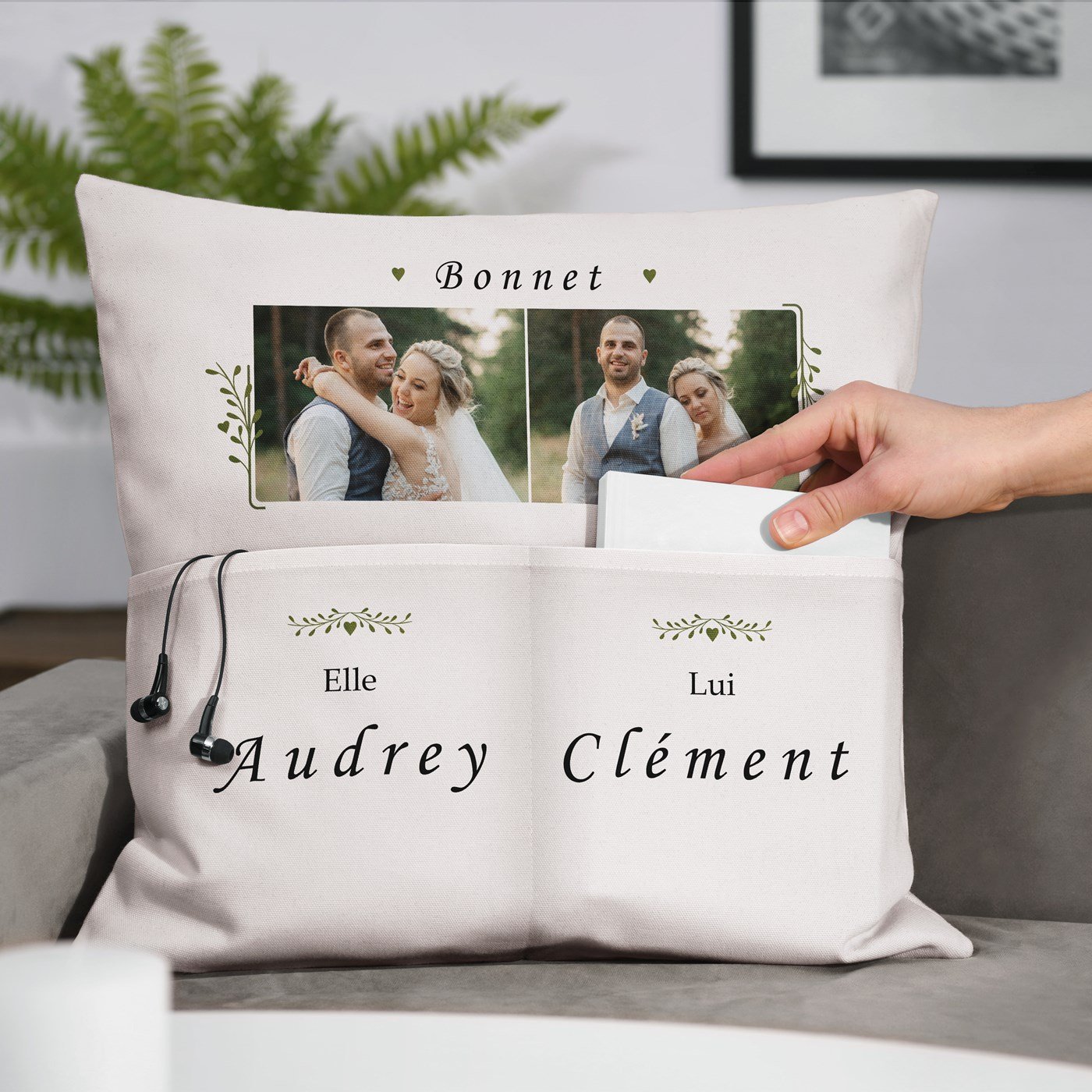 Almohada de algodón Murrano con bolsillos de almacenamiento y foto personalizada para bodas