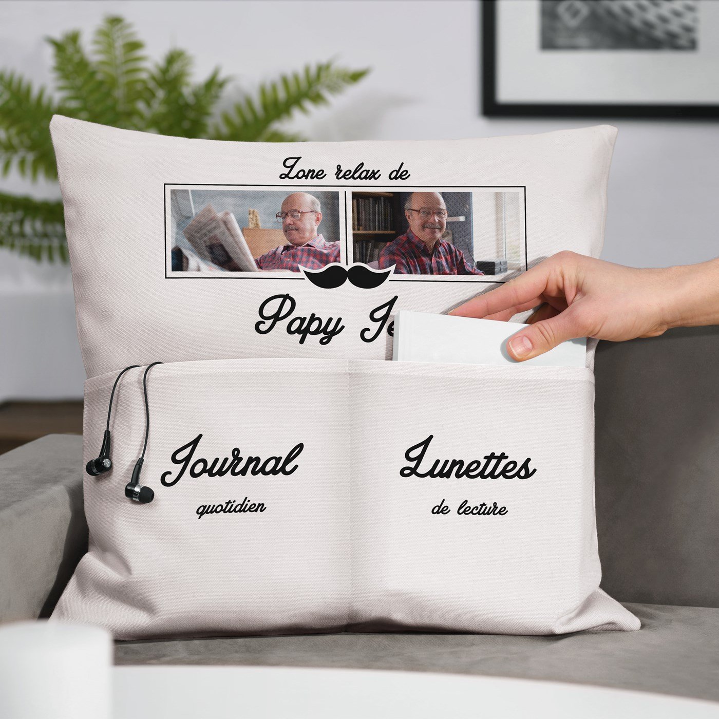 Almohada de algodón Murrano con bolsillos de almacenamiento y foto personalizada para el Día de los Abuelos