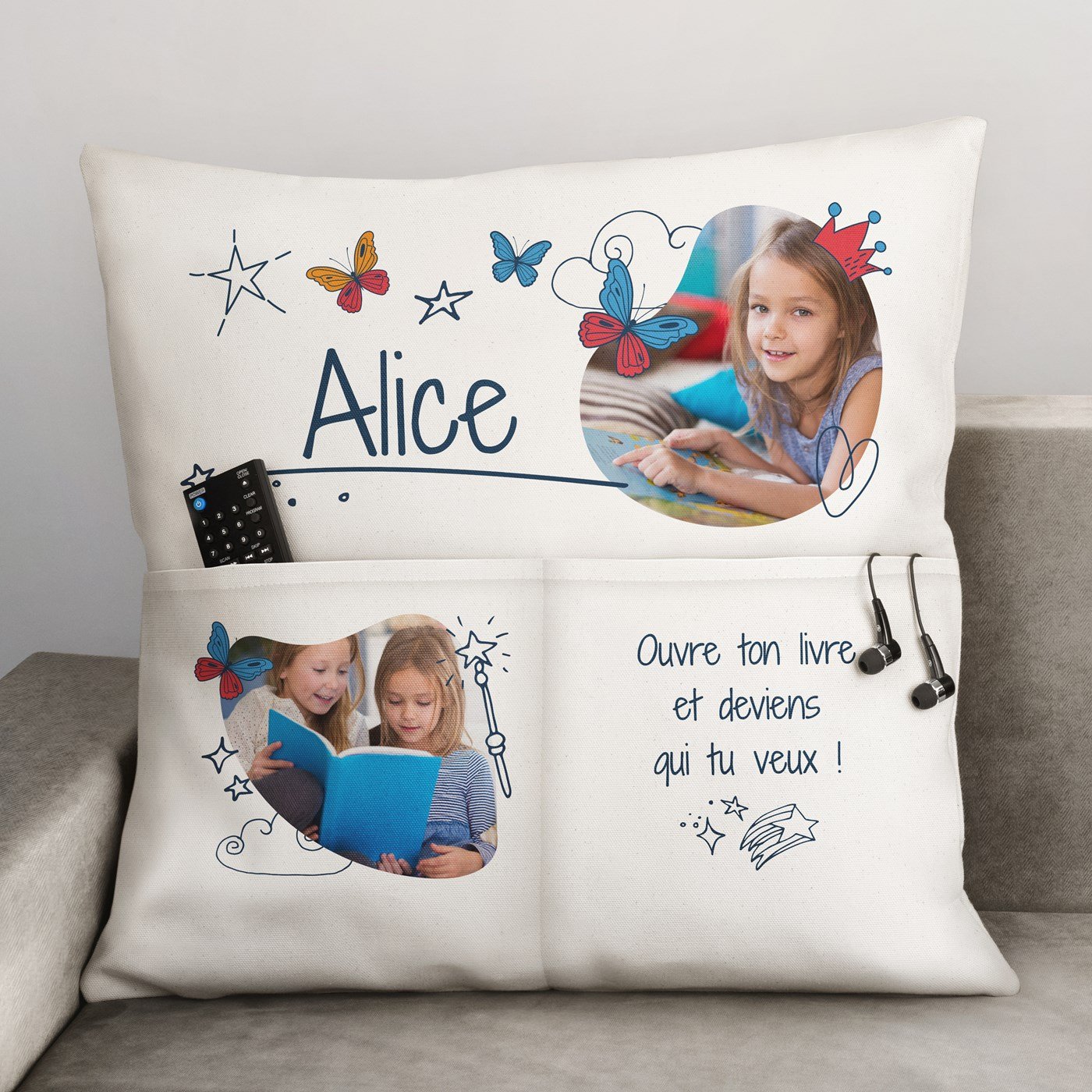 Almohada de algodón Murrano con bolsillos de almacenamiento y foto personalizada para una niña pequeña