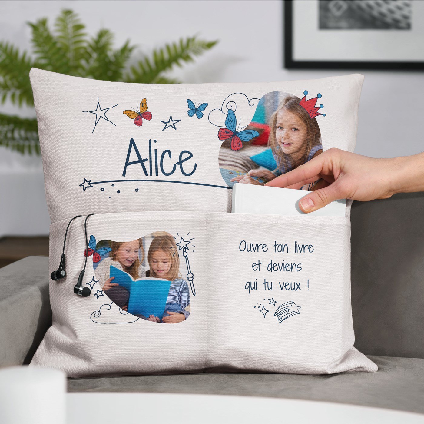 Almohada de algodón Murrano con bolsillos de almacenamiento y foto personalizada para una niña pequeña