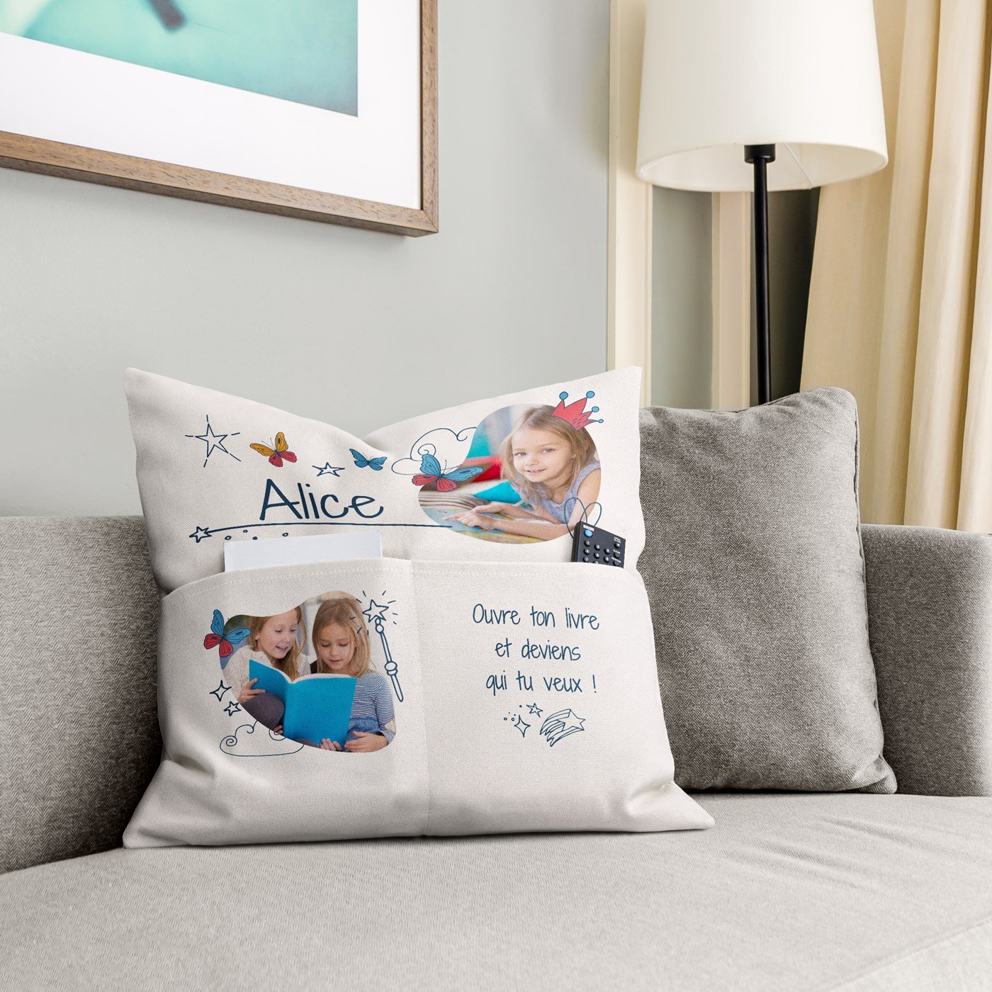 Almohada de algodón Murrano con bolsillos de almacenamiento y foto personalizada para una niña pequeña