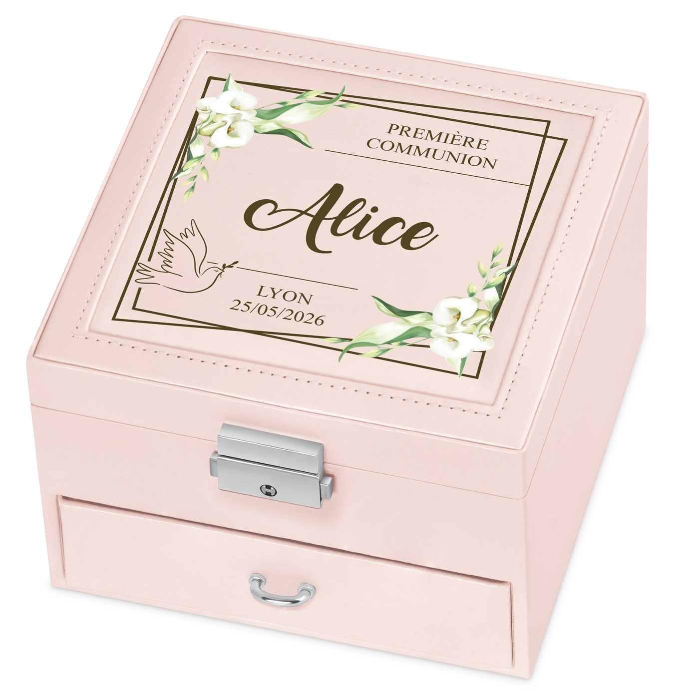 Cajón de joyas rosa Murrano con impresión personalizada para la primera comunión de una niña
