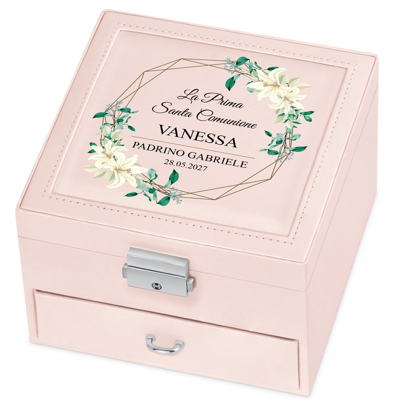 Cajón de joyas rosa Murrano con impresión personalizada para la primera comunión de su ahijada