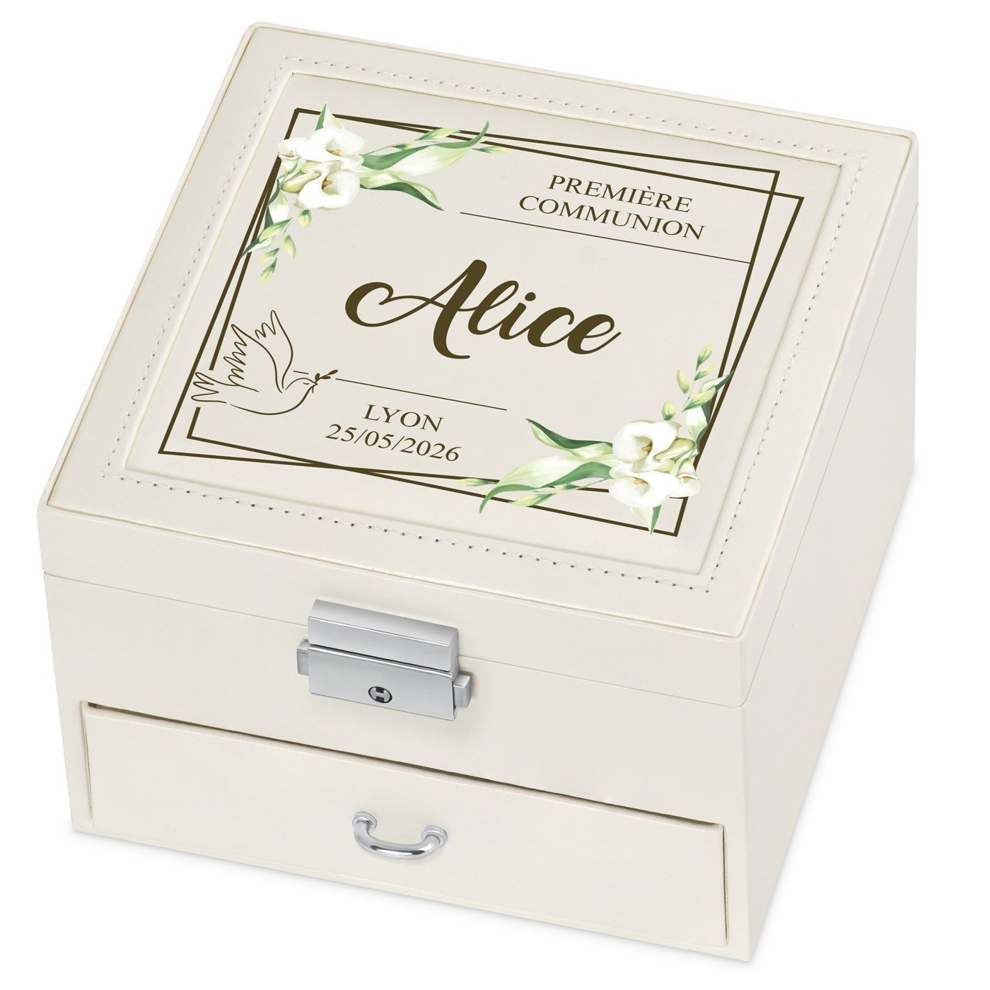 Murrano Beige Jewelry Box with Print for Little Girl's First Communion