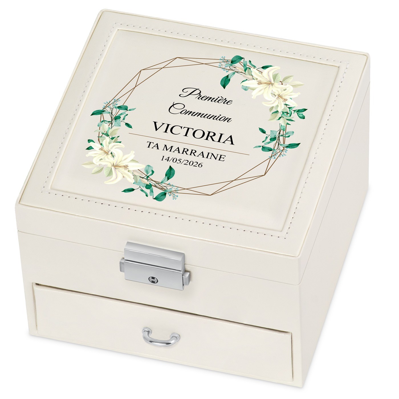 Caja de joyas beige personalizada para la primera comunión de su ahijada