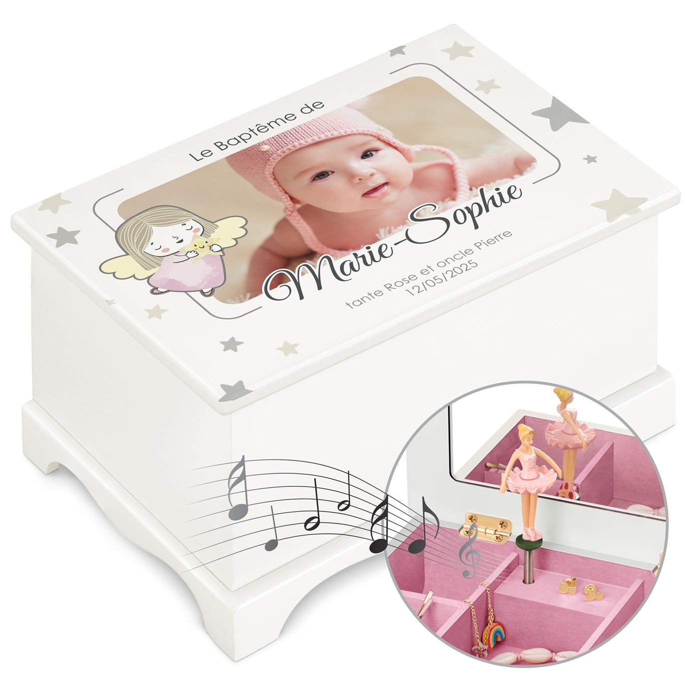 Caja de joyas musical personalizada de Murrano con tema de baile de ballet para el bautizo de su sobrina