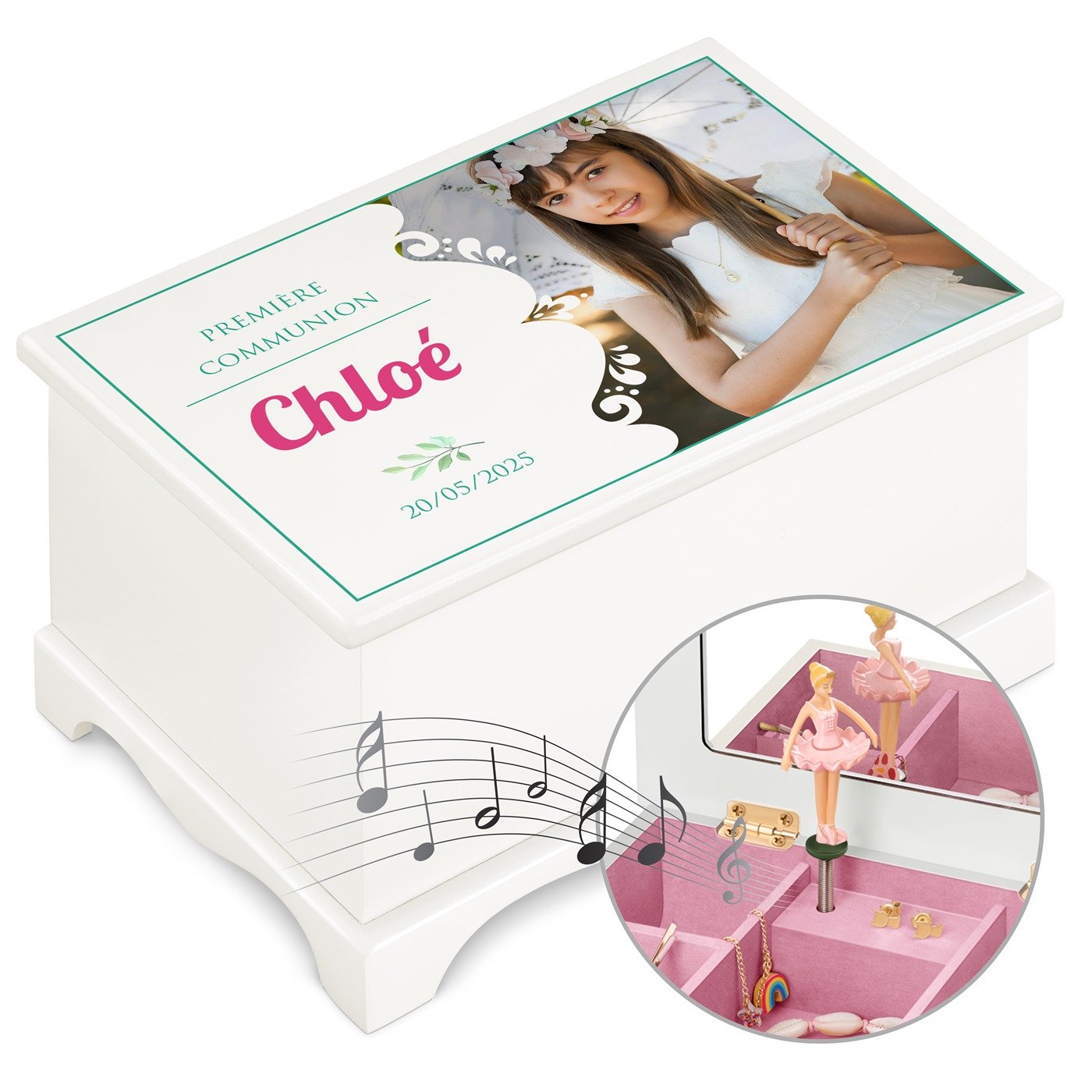 Caja musical de joyas Murrano - Personalizada con foto para la primera comunión de una niña