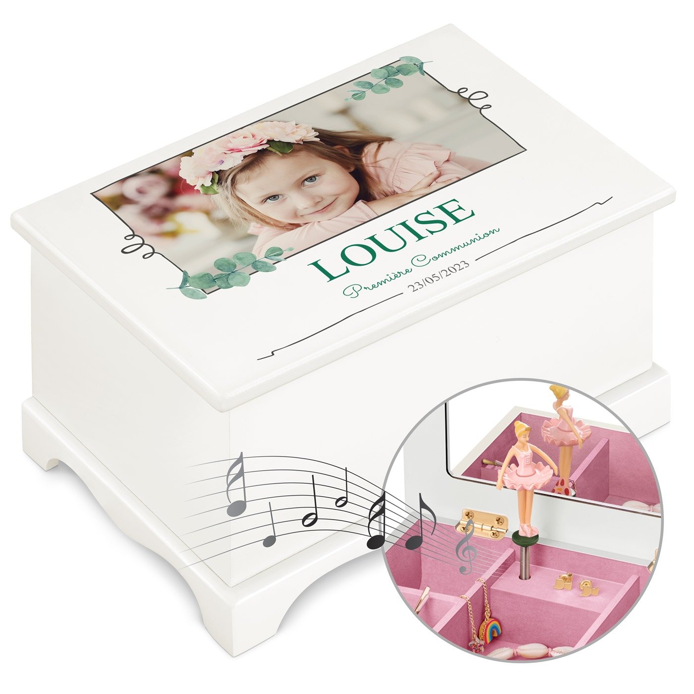 Caja musical Murrano - Caja de joyas personalizada de ballet para la primera comunión de su nieta
