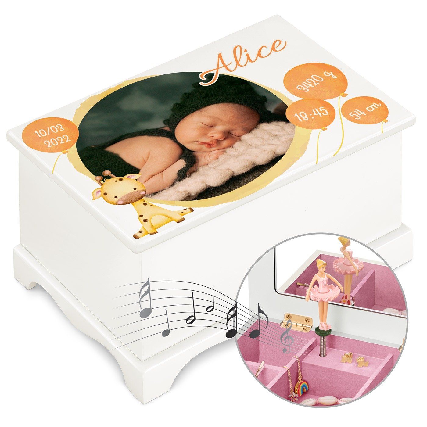 Murrano Musical Jewelry Box with Personalized Photo for a Niece's Birth