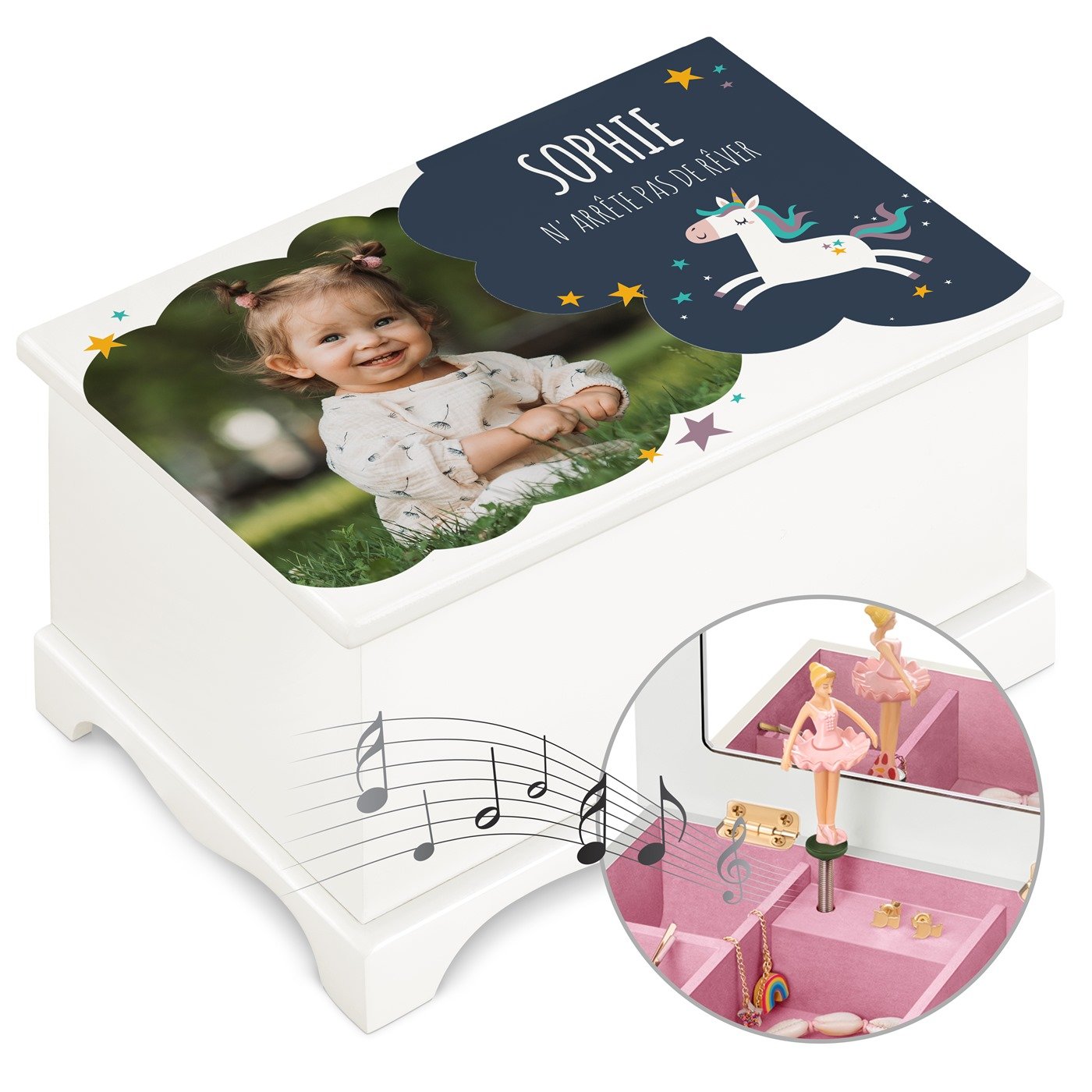 Caja musical de joyas personalizada Murrano con bailarina y foto para niña