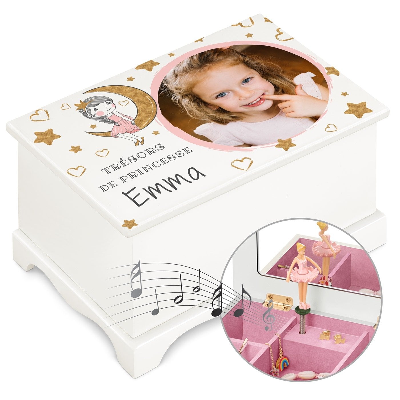 Caja de joyas musical personalizada Murrano con foto para niñas pequeñas