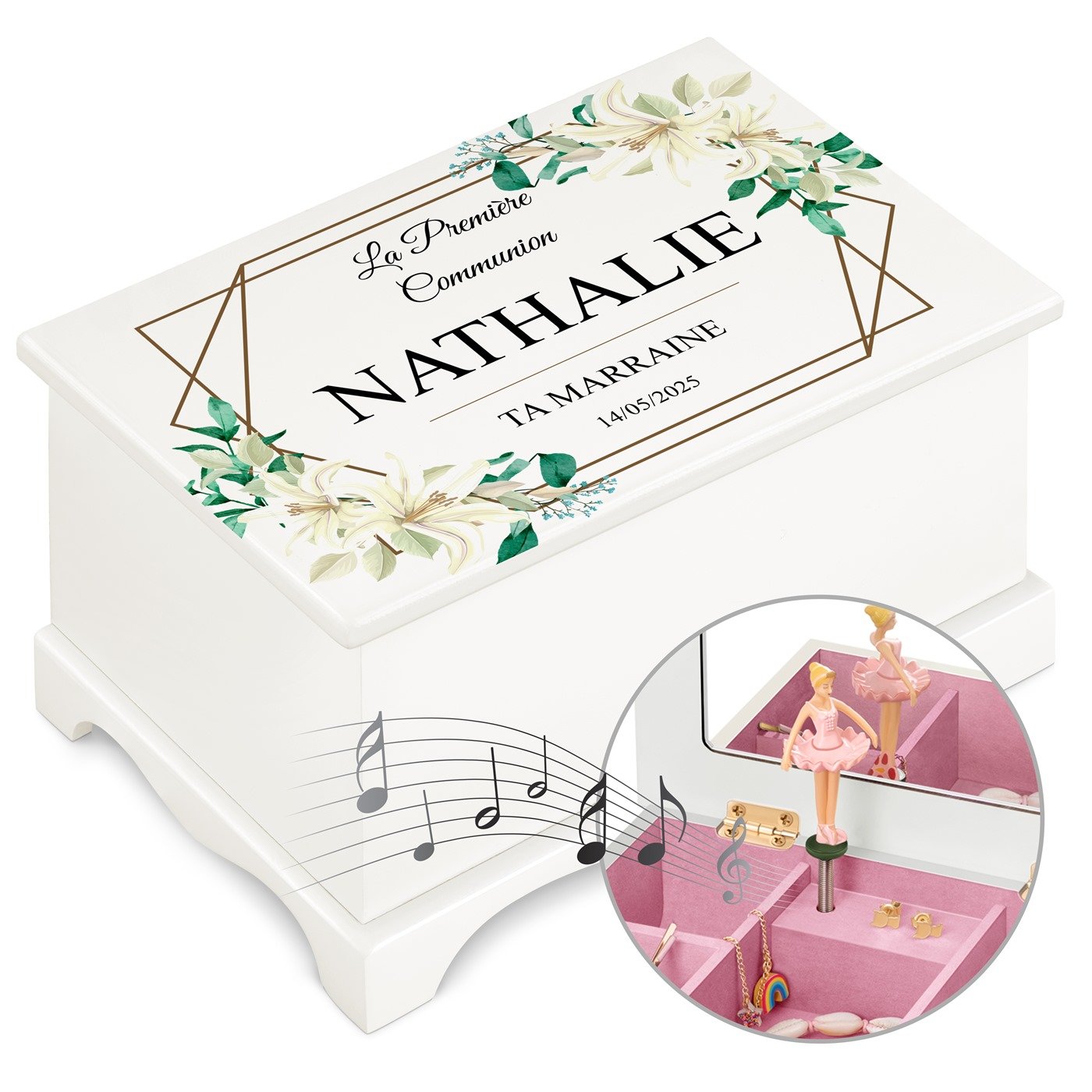 Caja musical de joyas personalizada Murrano para la primera comunión de su ahijada