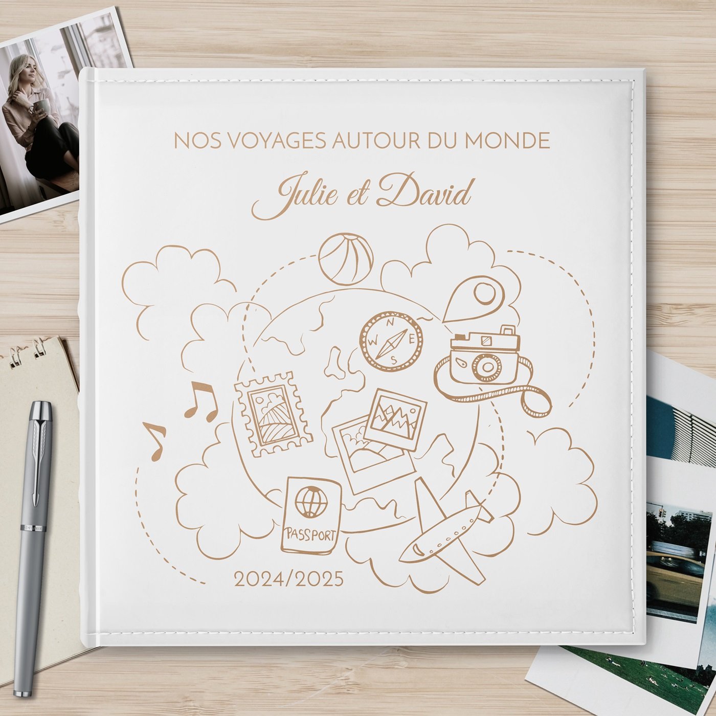 Álbum de fotos de gran formato personalizado de Murrano para una pareja de viajeros
