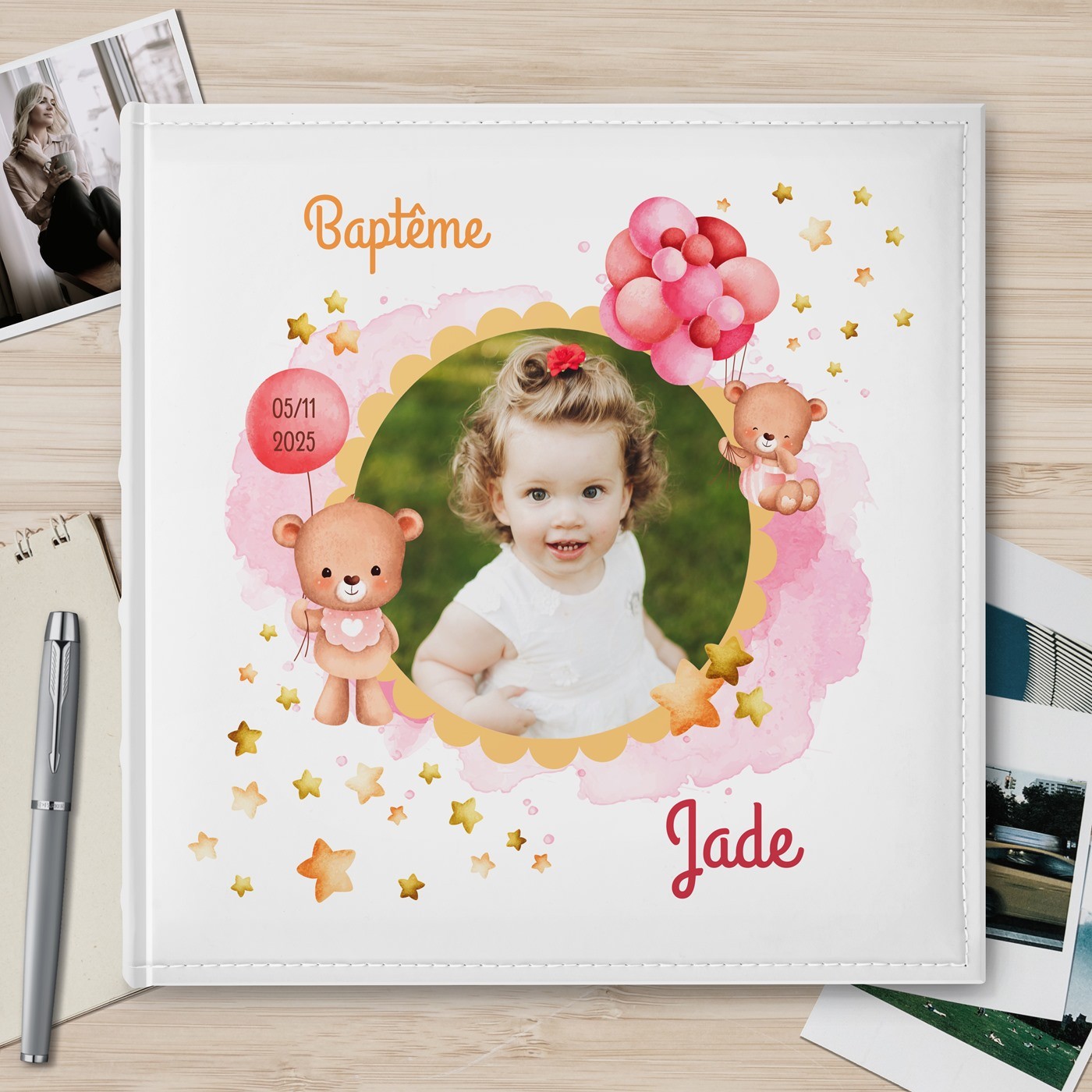 Álbum de fotos Murrano 10x15 con impresión personalizada para el bautismo de una niña