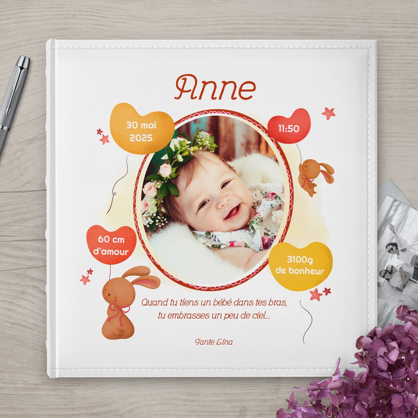 Murrano Photo Album 10x15 for Baby Girl, Personalized Cover