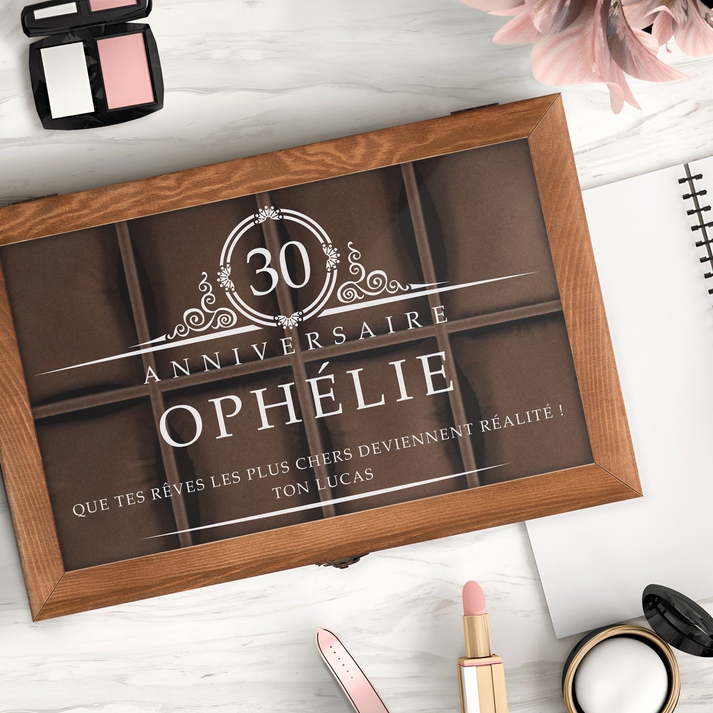 Caja para relojes y joyas personalizada de Murrano para el 30º cumpleaños de una mujer