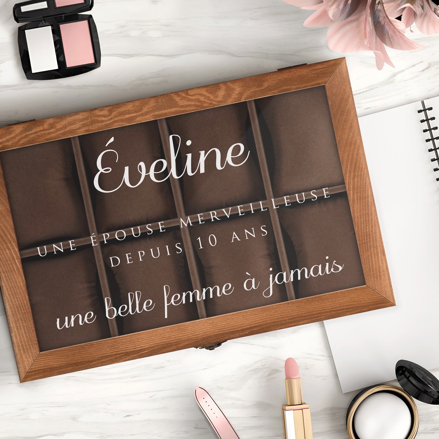 Caja personalizada para relojes y joyas Murrano para el 10º aniversario de boda