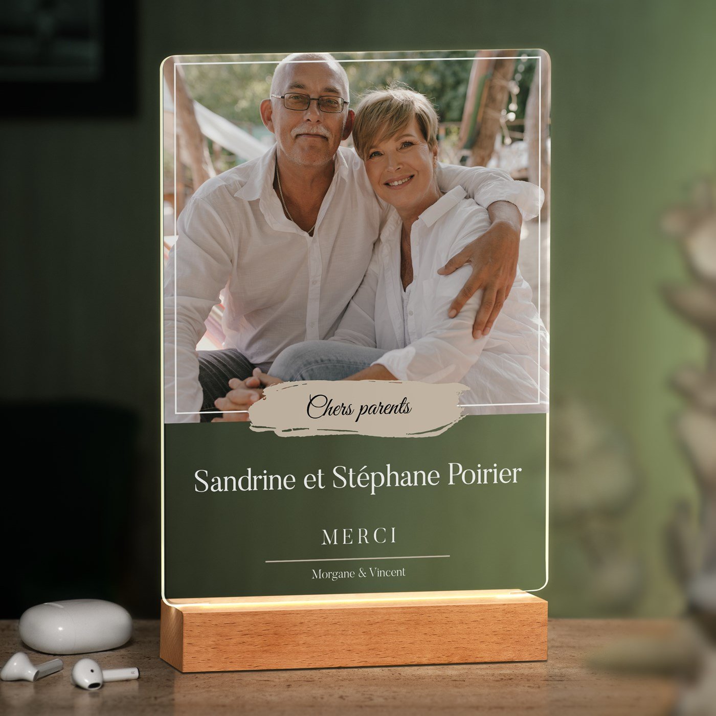Lámpara LED personalizada Murrano - Marco de fotos XL para agradecimientos de padres en la boda