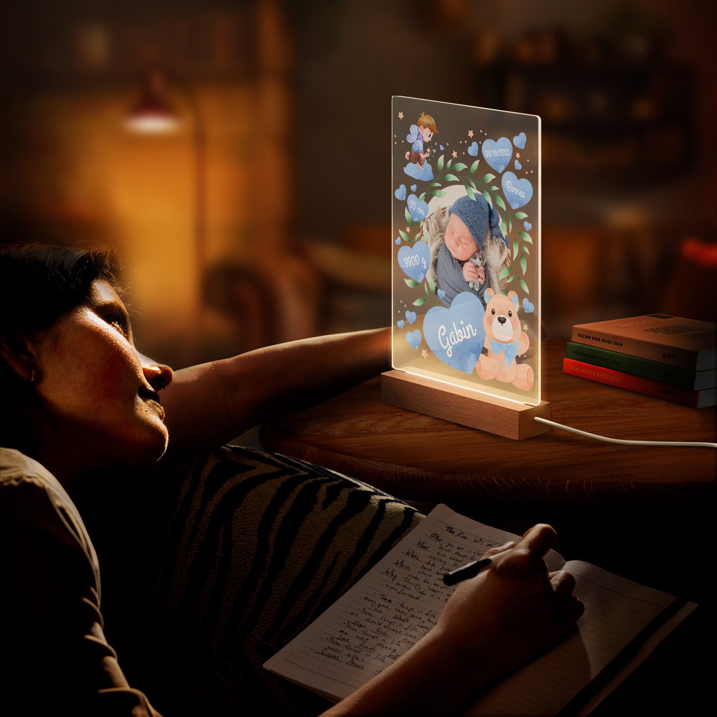 Lampe LED personnalisée Murrano XL - Cadre photo naissance garçon