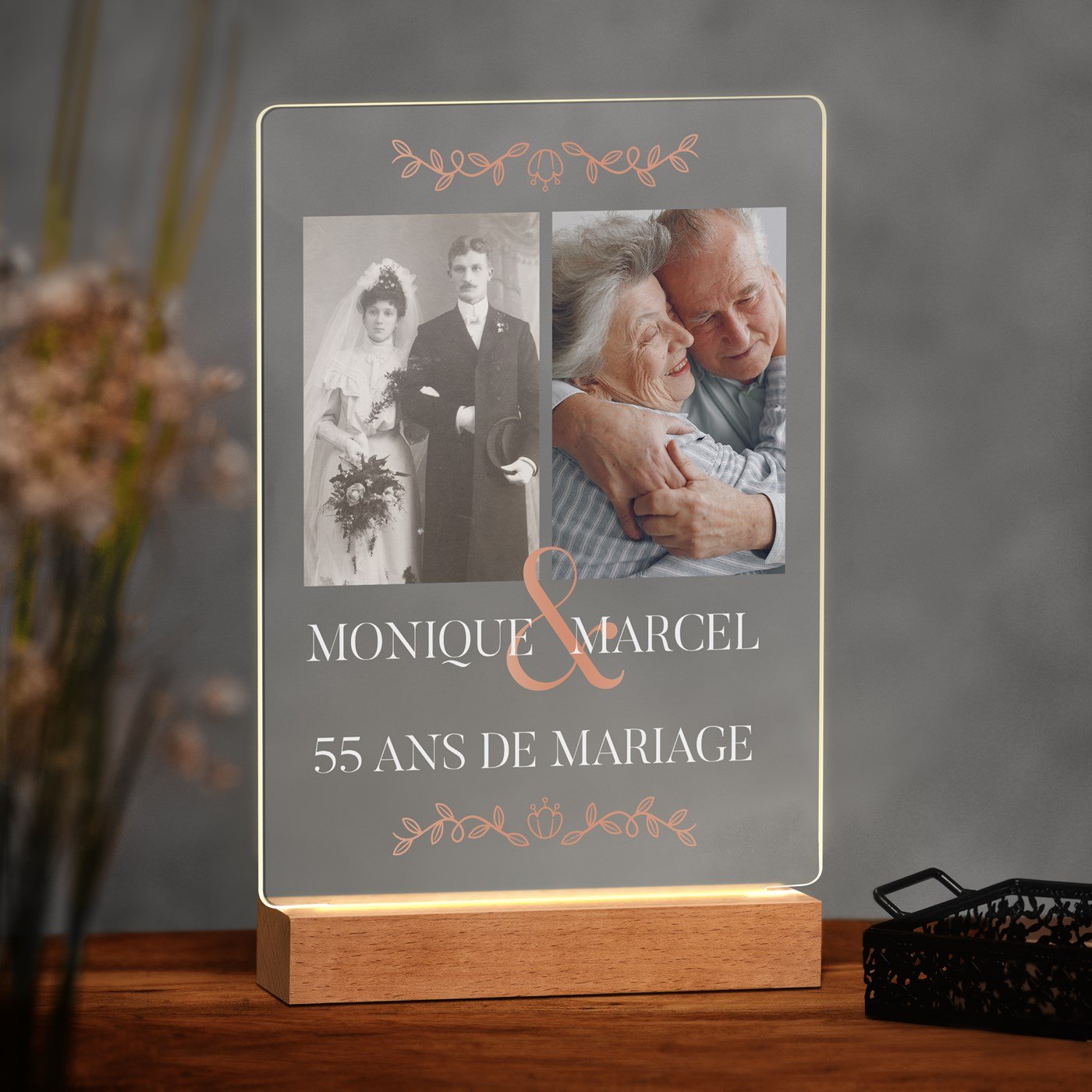 Lámpara LED personalizada Murrano XL para una pareja que celebra su 55º aniversario de boda