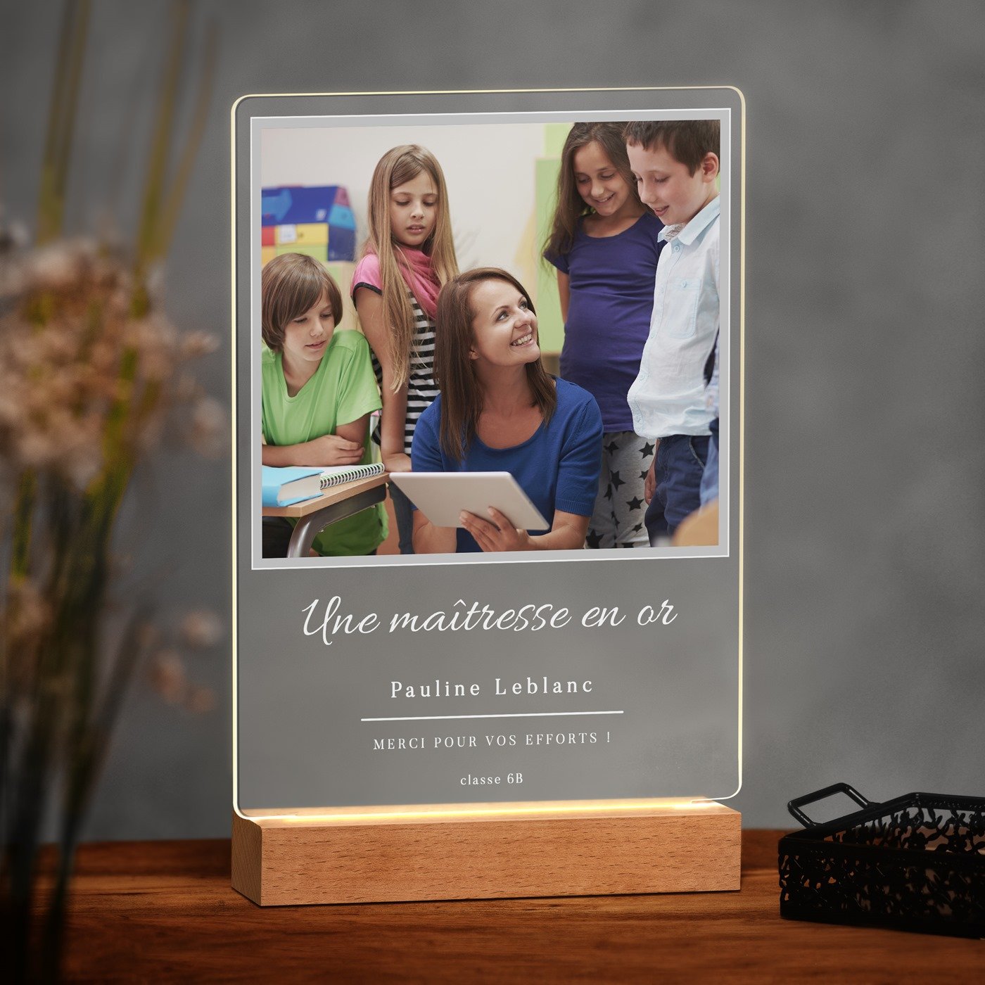 Lámpara LED personalizada de Murrano XL con foto para maestra