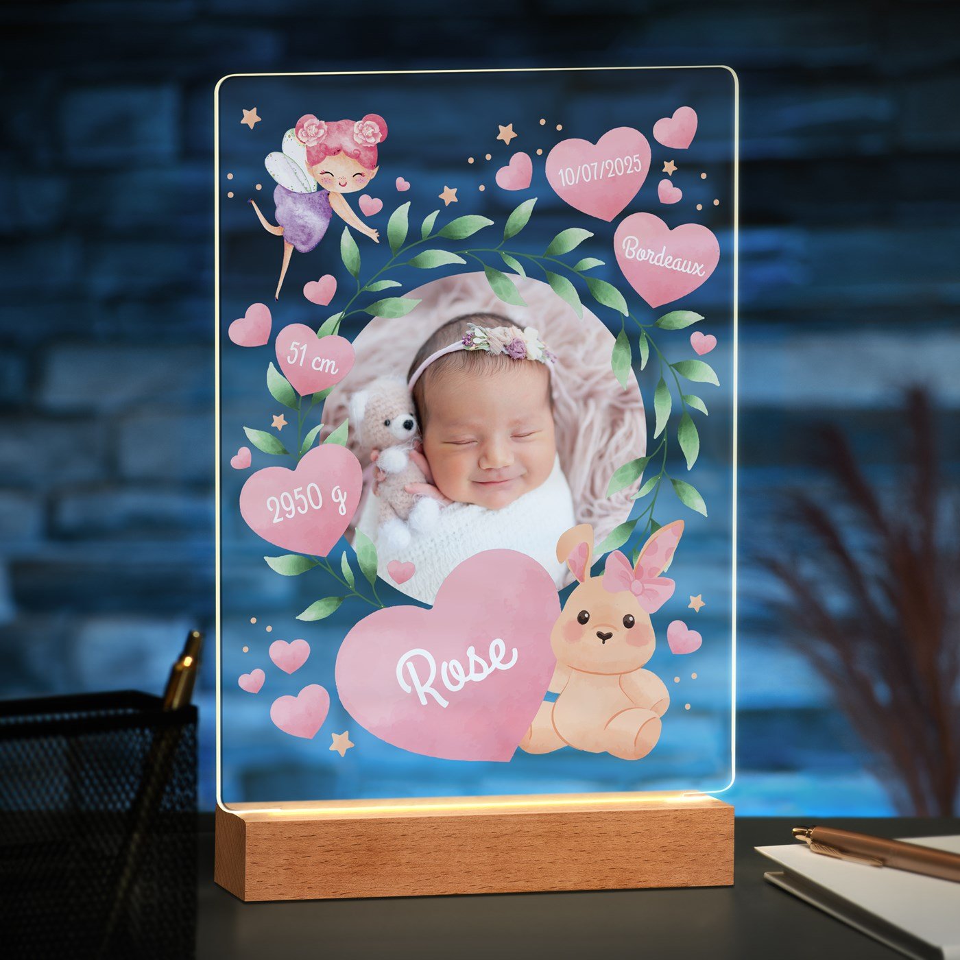 Lámpara LED Personalizada Murrano Tamaño XL - Anuncio de Nacimiento Niña
